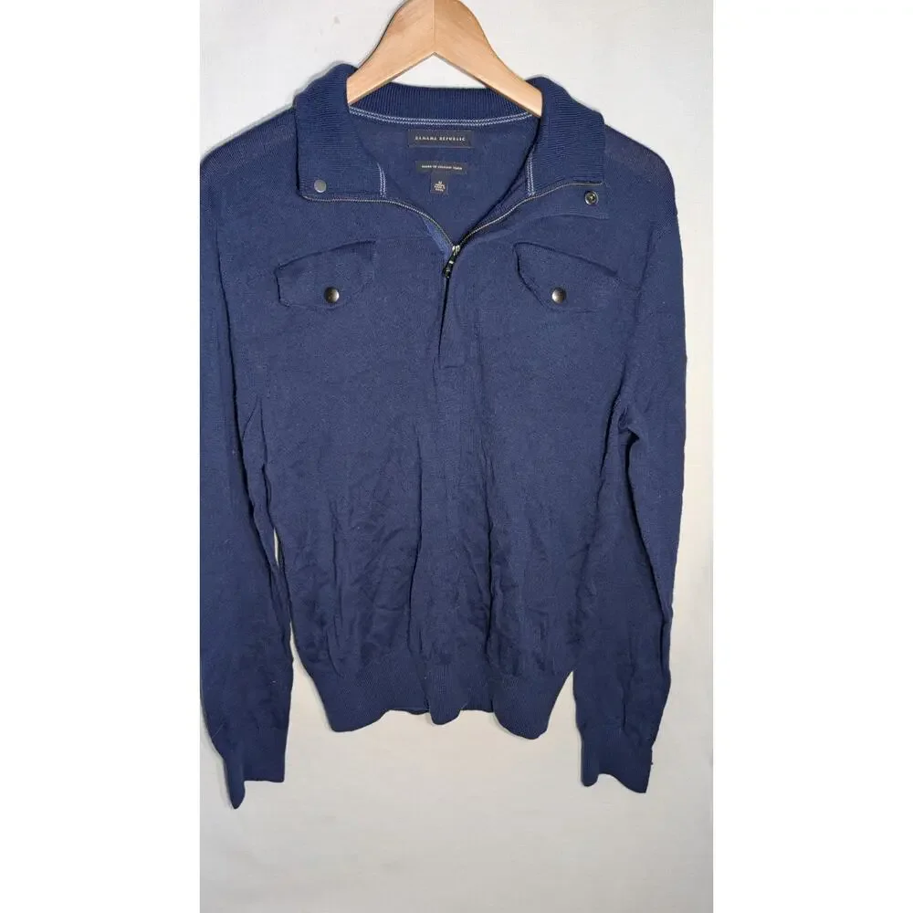 Banana Republic Mens Italian Yarn Quarter Zip Mock Neck Sweater M‎ Navy Pockets
